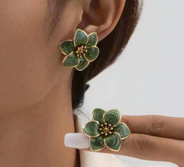 Green Floral Studs